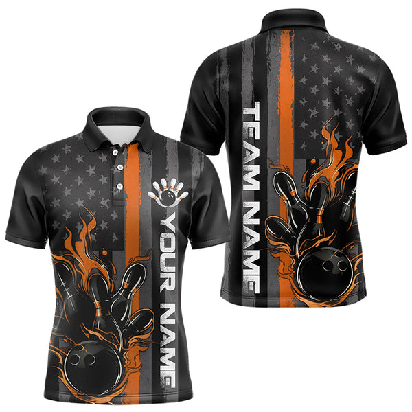 Maxcorners Orange Line American Flag Custom Patriotic Flame Bowling Polo Shirts For Men, Us Bowling Shirt