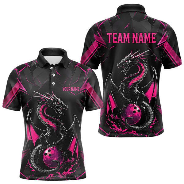 Maxcorners Custom Black And Pink Dragon Bowling Polo Shirts For Men, Dragon Bowling Team Uniform