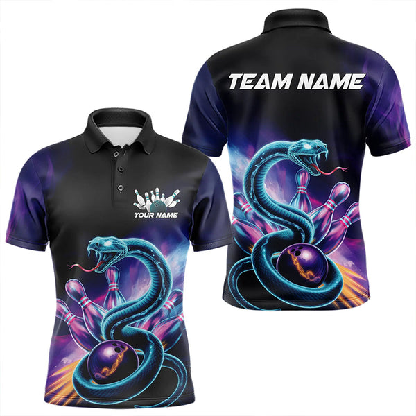 Maxcorners Custom Blue And Purple Galaxy Snake Bowling Polo Shirts For Men, Bowling League Team Uniform