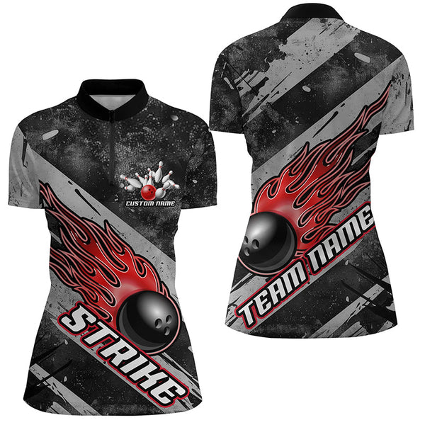 Maxcorners Black And Red Flame Bowling Ball Custom Team Shirts For Men And Women, Tournament Team Jerseys