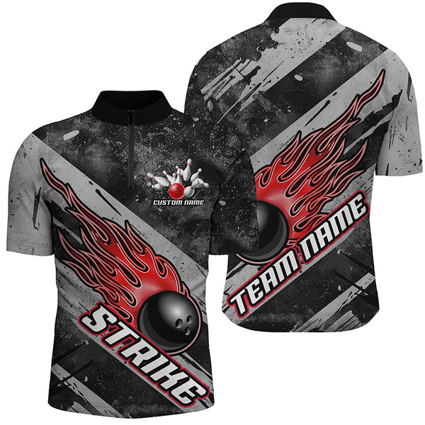 Maxcorners Black And Red Flame Bowling Ball Custom Team Shirts For Men And Women, Tournament Team Jerseys