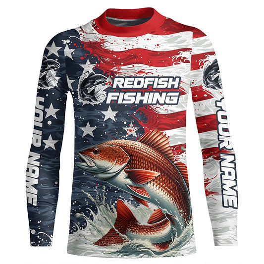 Maxcorners Custom Redfish Fishing American Flag Long Sleeve Fishing Shirts, Patriotic Redfish Fishing Shirts LM0501