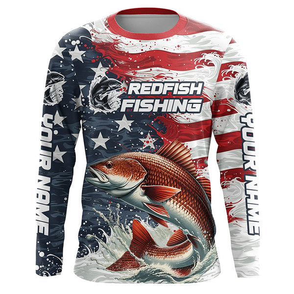 Maxcorners Custom Redfish Fishing American Flag Long Sleeve Fishing Shirts, Patriotic Redfish Fishing Shirts LM2408