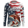Maxcorners Custom Redfish Fishing American Flag Long Sleeve Fishing Shirts, Patriotic Redfish Fishing Shirts LM0501