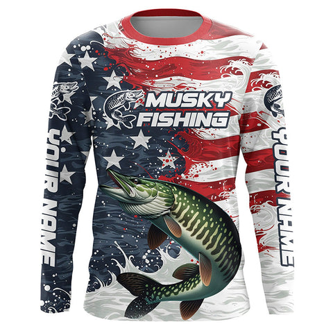 Maxcorners Custom Musky Fishing American Flag Long Sleeve Fishing Shirts, Patriotic Musky Fishing Shirts LM2408