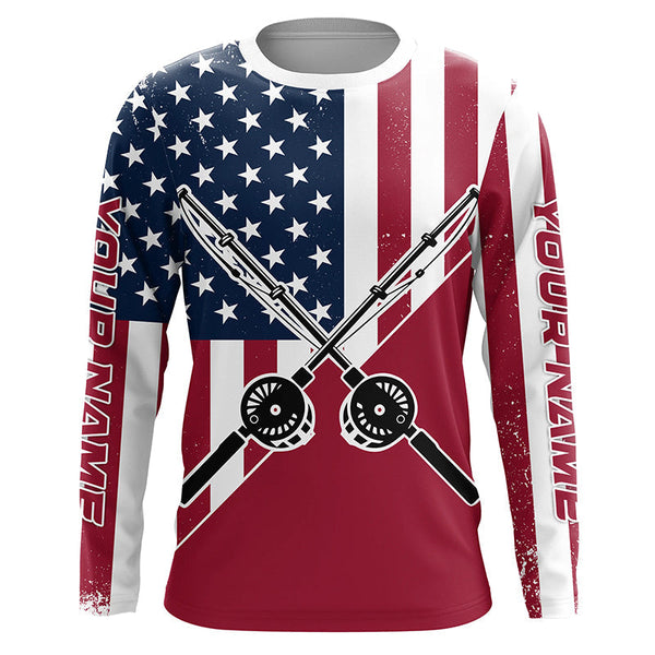 Maxcorners Personalized American Flag Fishing Rods Long Sleeve Fishing Shirts Patriotic Fishing Shirts MT2108
