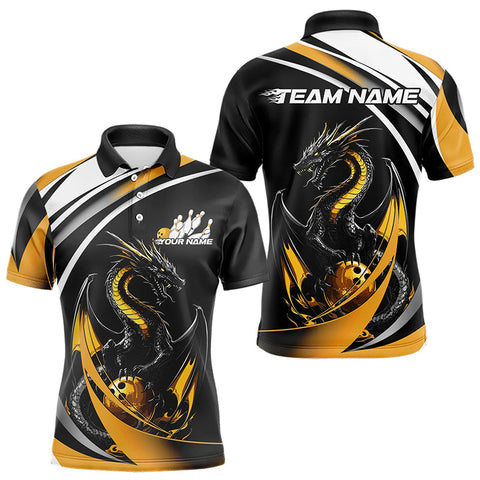 Maxcorners Custom Black And Gold Dragon Bowling Jerseys, Dragon Bowling Team Polo Shirts For Men