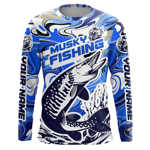 Maxcorners Custom Musky Long Sleeve Tournament Fishing Shirts, Water Camo Muskie Fishing Jerseys | Blue LM2408