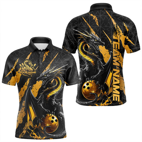 Maxcorners Custom Black And Gold Dragon Bowling Team Polo Shirts For Men, Dragon Bowling Jerseys