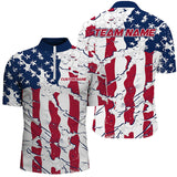 MaxCorners Bowling And Pins Pattern American Flag Customized Name, Team Name 3D Stand Collar Zipper Polo Shirt For Men