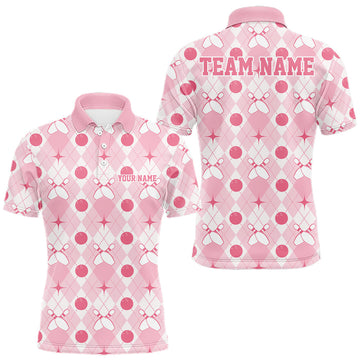 Maxcorners Custom Classic Retro White And Pink Argyle Pattern Bowling Men Polo Shirt
