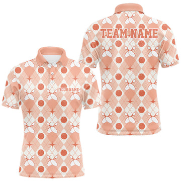 Maxcorners Custom Classic Retro White And Peach Argyle Pattern Bowling Men Polo Shirt