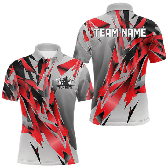 Maxcorners Red And Gray Custom Bowling Jersey, Matching Bowling Team Men Polo Shirt Bowler Gift