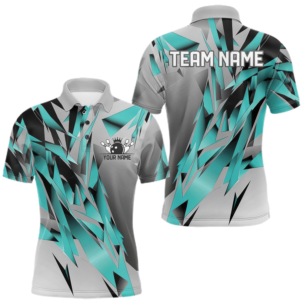 Maxcorners Turquoise Blue Custom Bowling Jersey, Matching Bowling Team Men Polo Shirt Bowler Gift