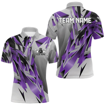 Maxcorners Purple And Gray Custom Bowling Jersey, Matching Bowling Team Men Polo Shirt Bowler Gift