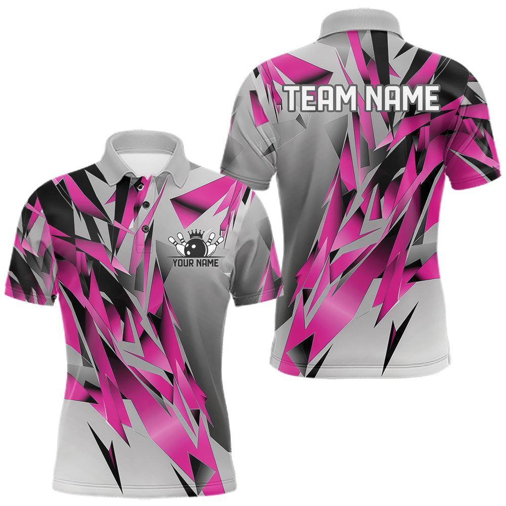 Maxcorners Pink And Gray Custom Bowling Jersey, Matching Bowling Team Men Polo Shirt Bowler Gift