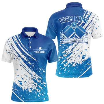 Maxcorners Custom Blue And White Pickleball Polo Shirts For Men, Pickleball Heartbeat Pulse Line Shirt