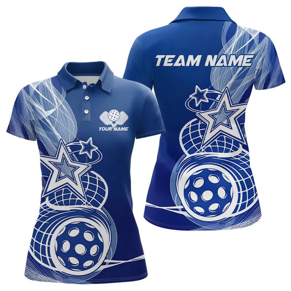 Maxcorners Custom Blue Pickleball Star Polo Shirts For Men, Outdoor Pickleball Team Uniform