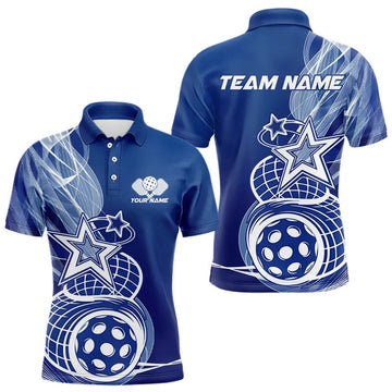 Maxcorners Custom Blue Pickleball Star Polo Shirts For Men, Outdoor Pickleball Team Uniform