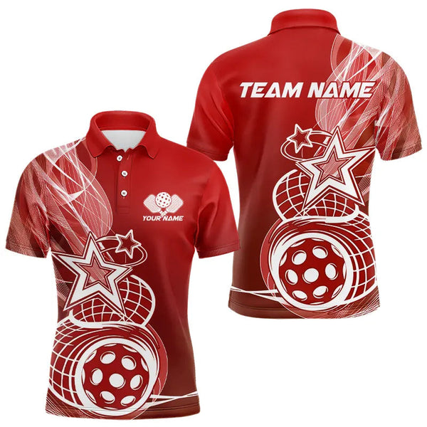 Maxcorners Custom Red Pickleball Star Polo Shirts For Men, Outdoor Pickleball Team Uniform