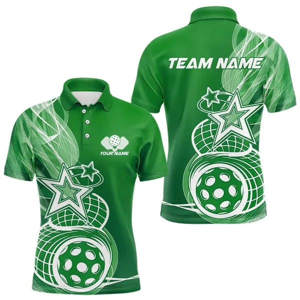 Maxcorners Custom Green Pickleball Star Polo Shirts For Men, Outdoor Pickleball Team Uniform