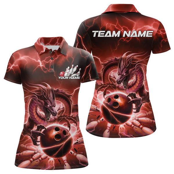 Maxcorners Custom Black And Red Thunder Lightning Dragon Bowling Polo Shirts For Men & Women, Team Uniform