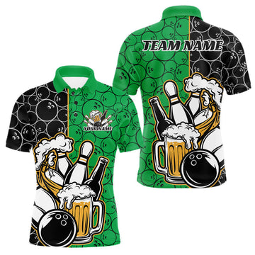 Maxcorners Custom Black And Green Retro Bowling Beer Team Shirts For Men, Bowling Pattern Jerseys LM2201
