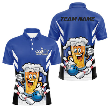 Maxcorners Custom Funny Blue Bowling Jerseys Bowling And Beer Men Polo Shirts, Bowling Jersey LM2201