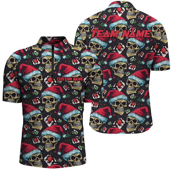 Maxcorners Funny Christmas Skull Wear Santa Hat Bowling Polo Shirts Strike Bowling Team Xmas