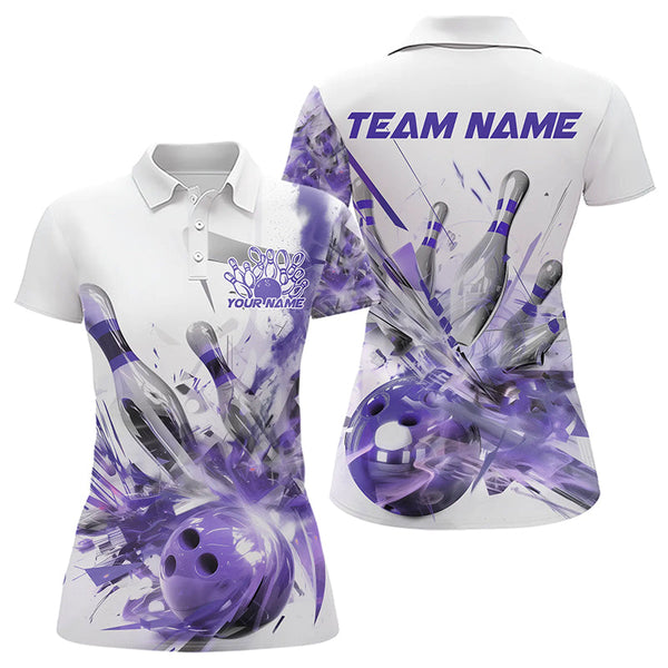 Maxcorners Custom White And Purple Custom Bowling Polo Shirts For Men, Bowling Tournament Team Shirt
