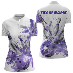 Maxcorners Custom White And Purple Custom Bowling Polo Shirts For Men, Bowling Tournament Team Shirt