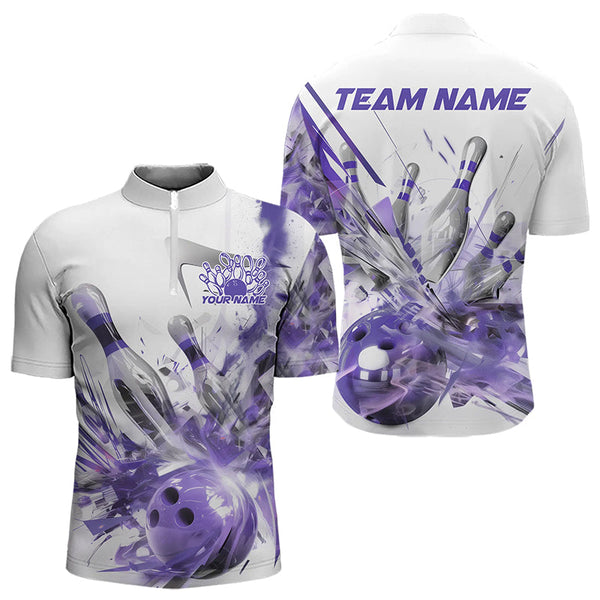 Maxcorners Custom White And Purple Custom Bowling Polo Shirts For Men, Bowling Tournament Team Shirt