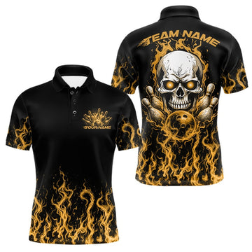 Maxcorners Custom Yellow Flame Skull Bowling Team Shirts For Men, Halloween Bowling Jerseys