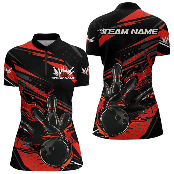 Maxcorners Custom Black And Red Flame Men Bowling Polo Shirts, Fire Bowling Ball Bowling Team Shirt