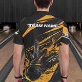 Maxcorners Custom Black And Gold Flame Men Bowling Polo Shirts, Fire Bowling Ball Bowling Team Shirt