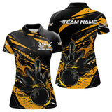 Maxcorners Custom Black And Gold Flame Men Bowling Polo Shirts, Fire Bowling Ball Bowling Team Shirt