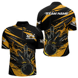 Maxcorners Custom Black And Gold Flame Men Bowling Polo Shirts, Fire Bowling Ball Bowling Team Shirt