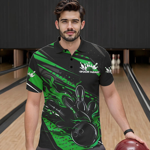 Maxcorners Custom Black And Green Flame Men Bowling Polo Shirts, Fire Bowling Ball Bowling Team Shirt