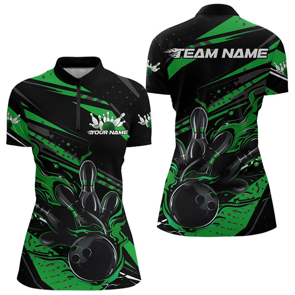 Maxcorners Custom Black And Green Flame Men Bowling Polo Shirts, Fire Bowling Ball Bowling Team Shirt