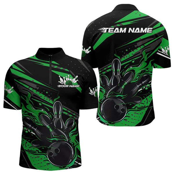 Maxcorners Custom Black And Green Flame Men Bowling Polo Shirts, Fire Bowling Ball Bowling Team Shirt