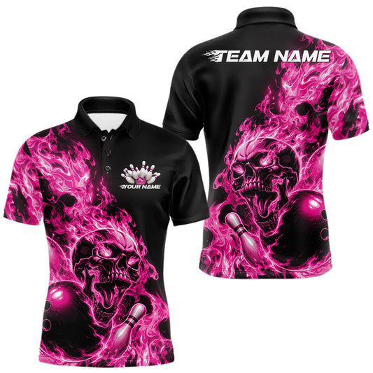 Maxcorners Custom Multi Color Fire Flame Skull Bowling Shirts For Men, Women And Kid, Halloween Bowling Jersey | Pink LM2405