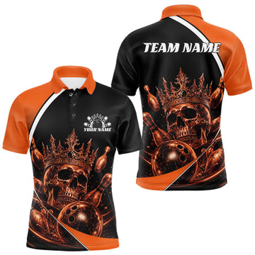 Maxcorners Custom Orange Skull Bowling King Men Polo Shirt, Halloween Bowling Jersey