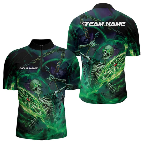 Maxcorners Custom Black And Green Skeleton Dart Polo Shirts For Men, Skull Dart Team League Shirts