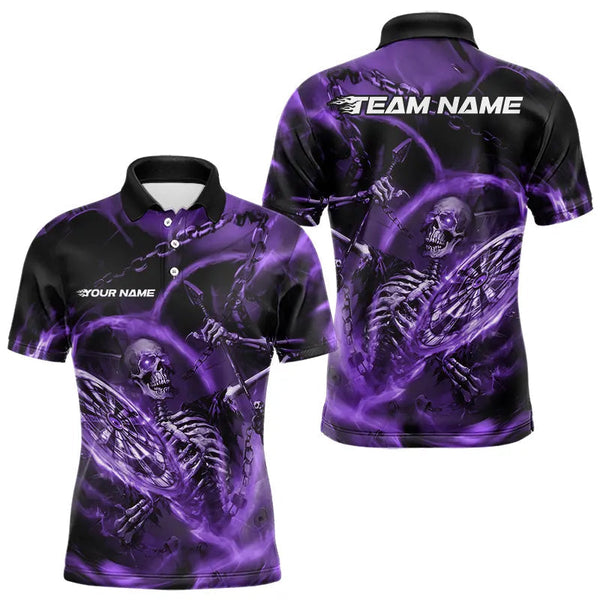 Maxcorners Custom Black And Purple Skeleton Dart Polo Shirts For Men, Skull Dart Team League Shirts