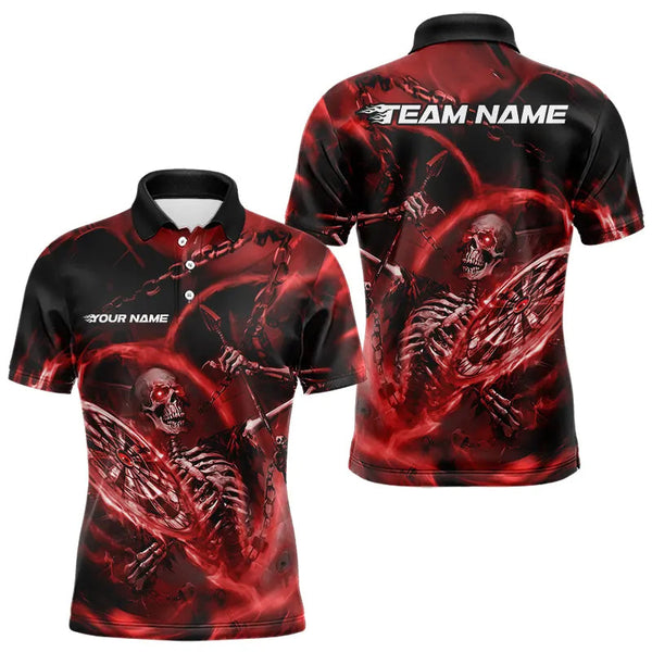 Maxcorners Custom Black And Red Skeleton Dart Polo Shirts For Men, Skull Dart Team League Shirts