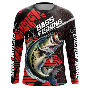 Maxcorners Black And Red Custom Bass Fishing Jerseys, Largemouth Bass Long Sleeve Tournament Fishing Shirts LM0201