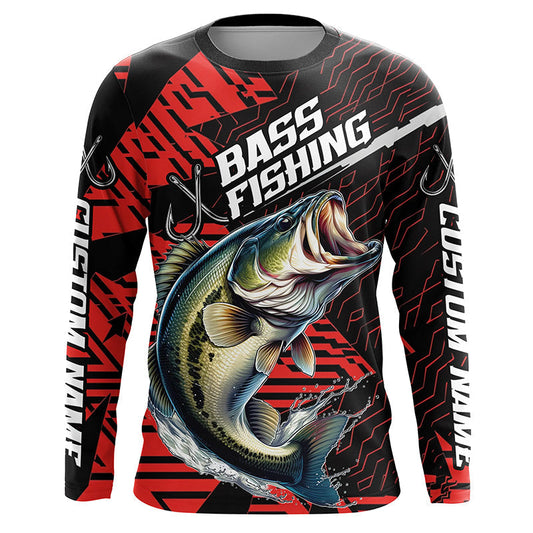 Maxcorners Black And Red Custom Bass Fishing Jerseys, Largemouth Bass Long Sleeve Tournament Fishing Shirts LM0201