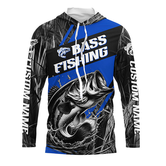 Maxcorners Black And Blue Camo Bass Long Sleeve Tournament Fishing Shirts, Custom Bass Fishing Jerseys LM0201