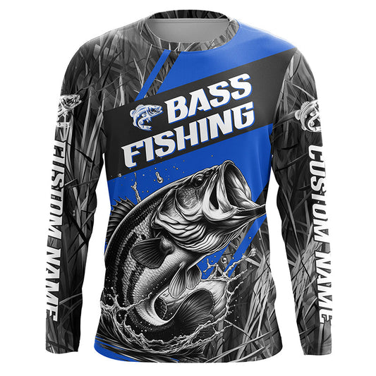 Maxcorners Black And Blue Camo Bass Long Sleeve Tournament Fishing Shirts, Custom Bass Fishing Jerseys LM0201