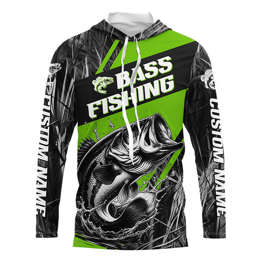 Maxcorners Black And Green Camo Bass Long Sleeve Tournament Fishing Shirts, Custom Bass Fishing Jerseys LM0201